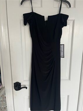 Xscape Black Off-Shoulder Draped Midi Dress